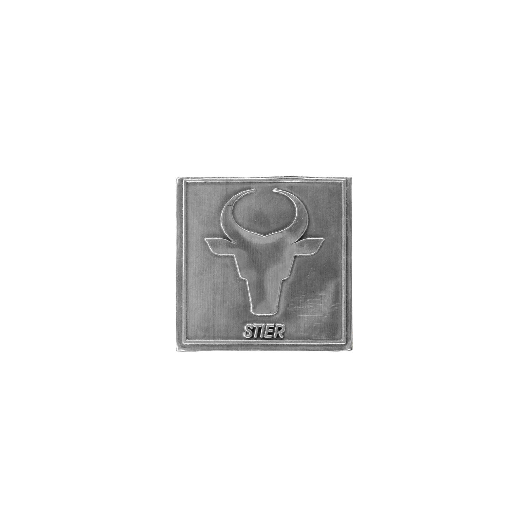 Tin label 'Bull', square, metal, silver