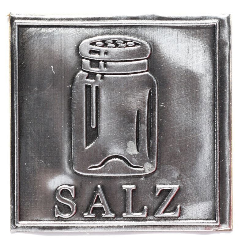 Tin label ‘Salt’, square, metal, silver