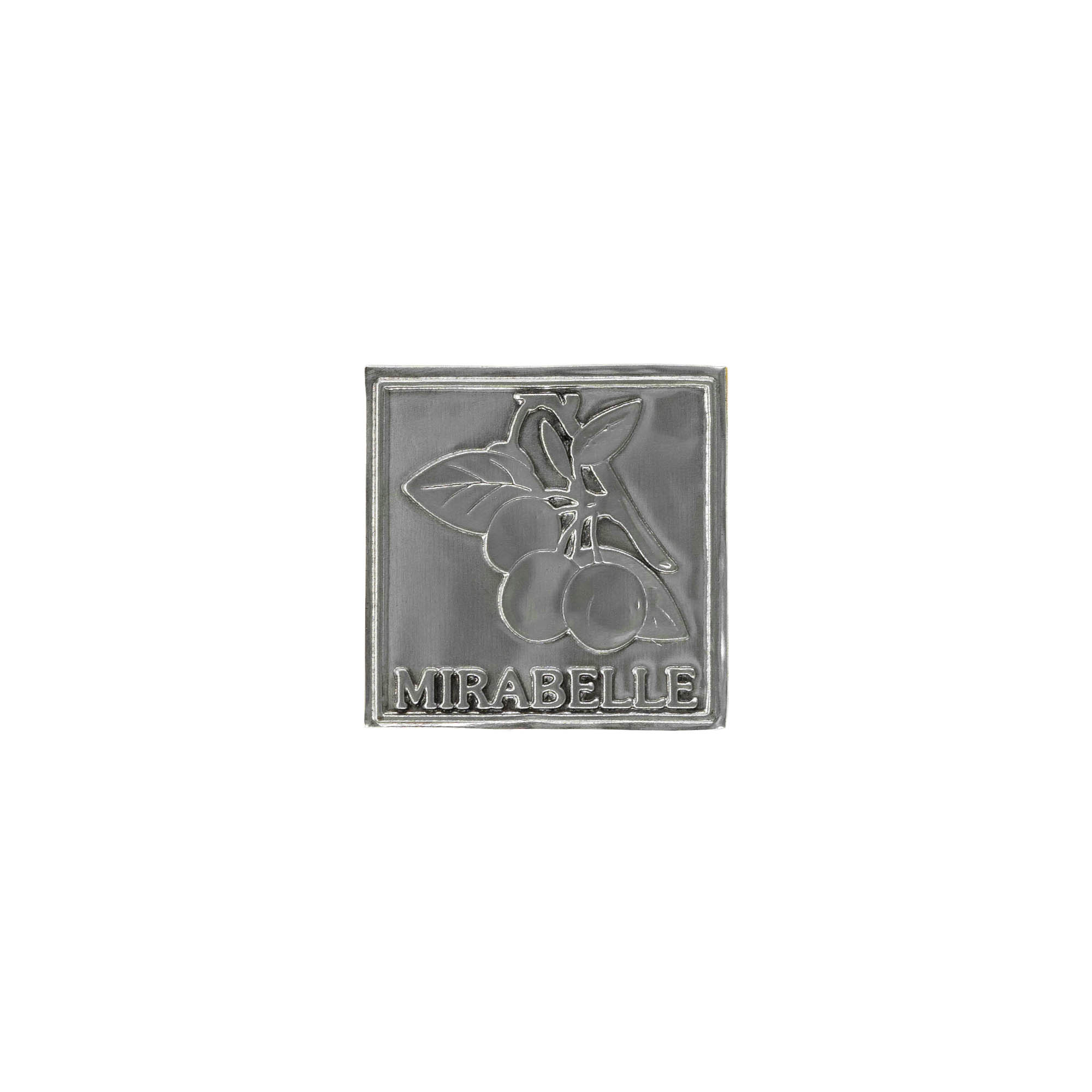 Tin label 'Mirabelle', square, metal, silver Tin label 'Mirabelle', square, metal, silver