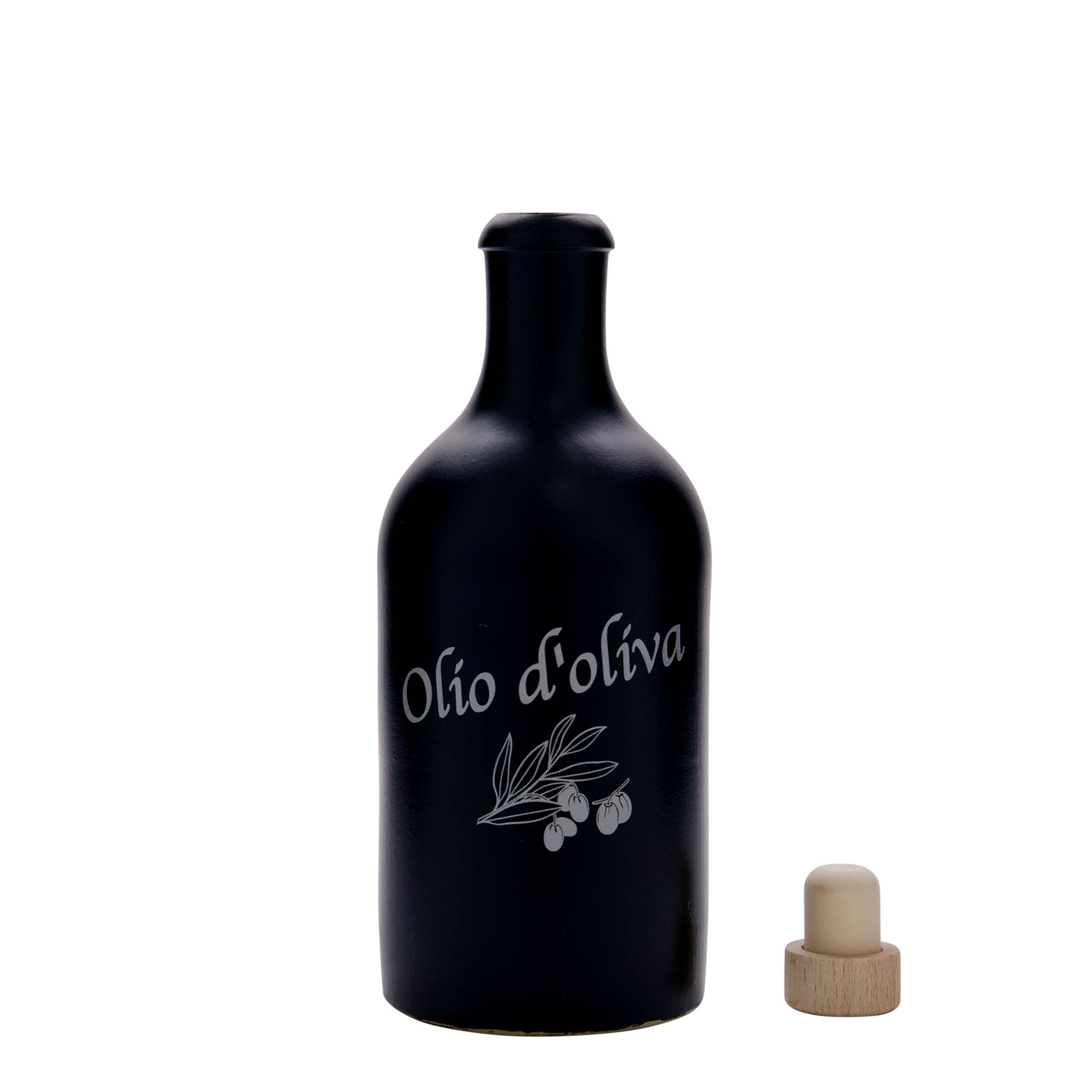 500 ml clay jug, motif: Olio d'Oliva, stoneware, black, mouth: cork