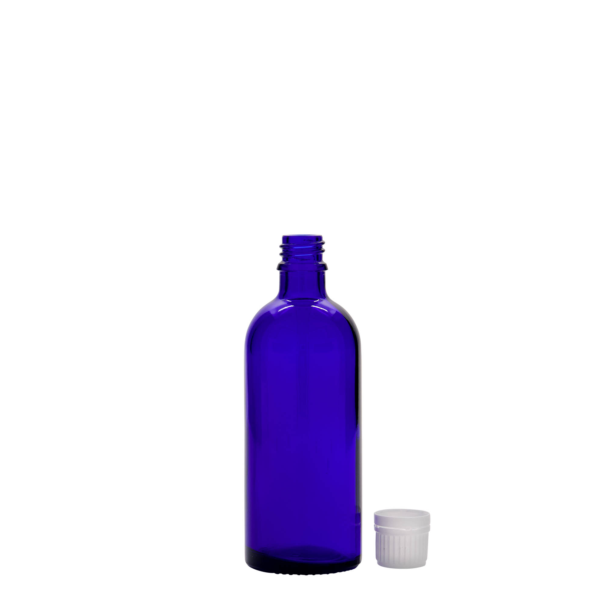 100 ml medical bottle, glass, royal blue, opening: DIN 18