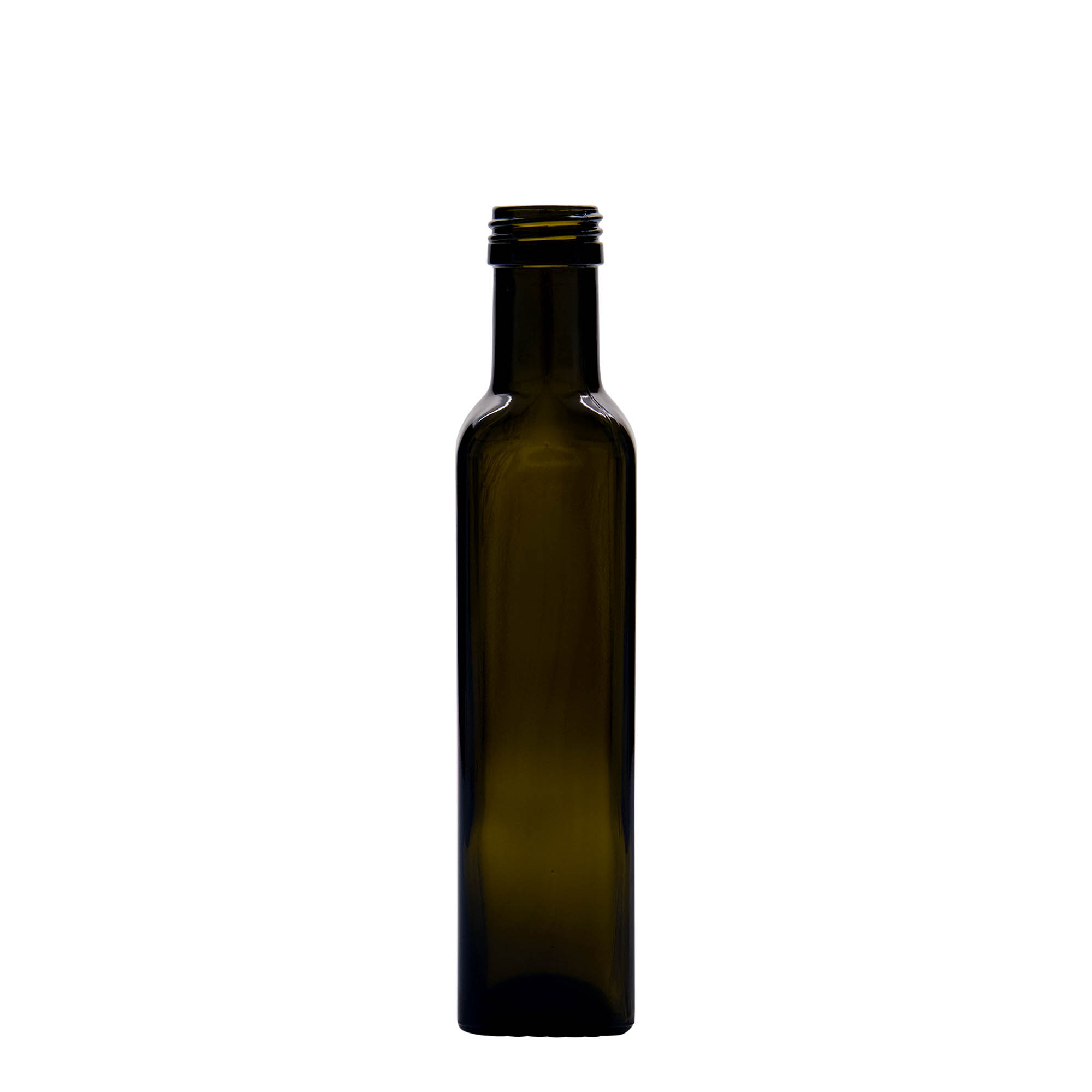 250 ml glass bottle ‘Marasca’, square, antique green, opening: PP 31.5