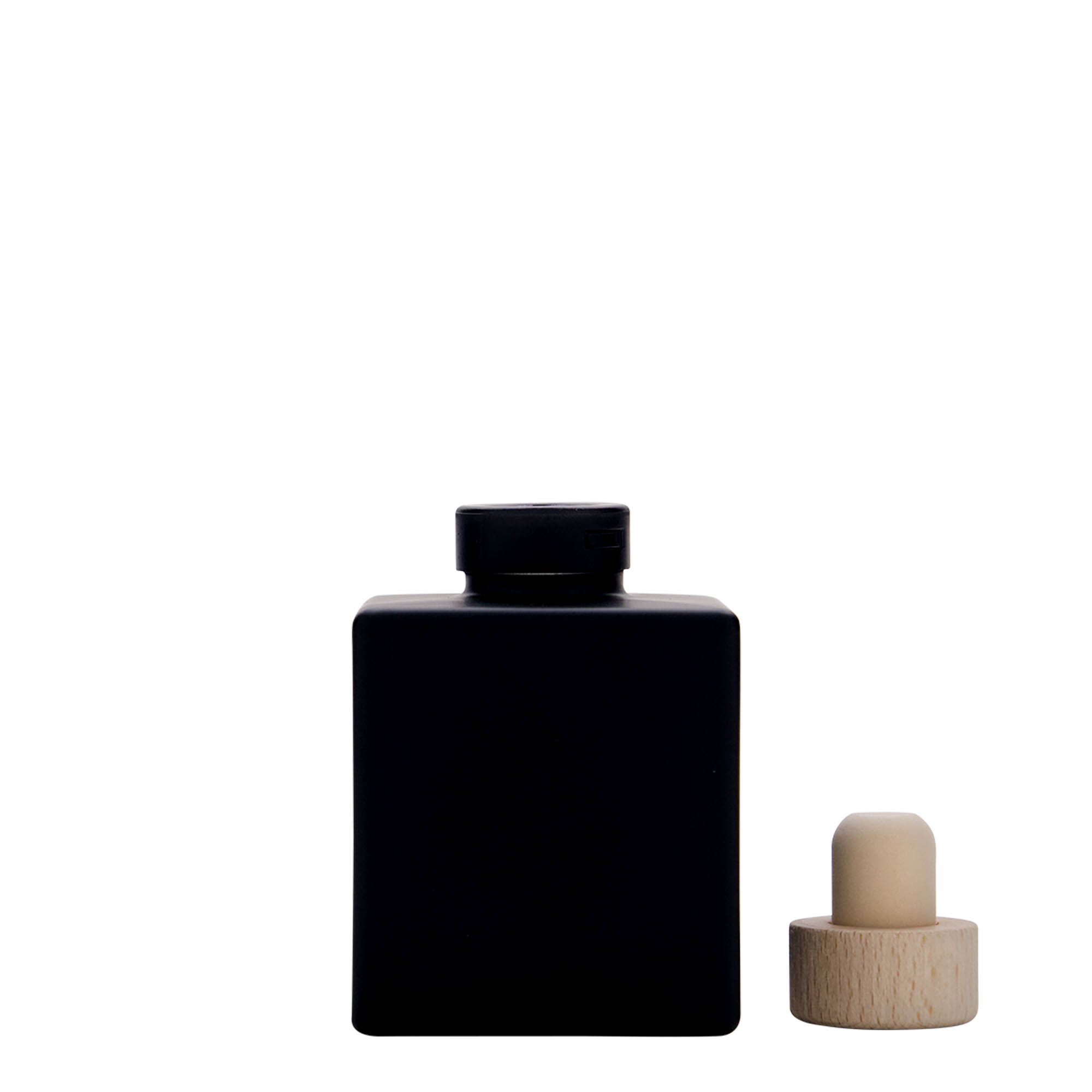 100 ml glass bottle 'Cube', square, black, opening: cork