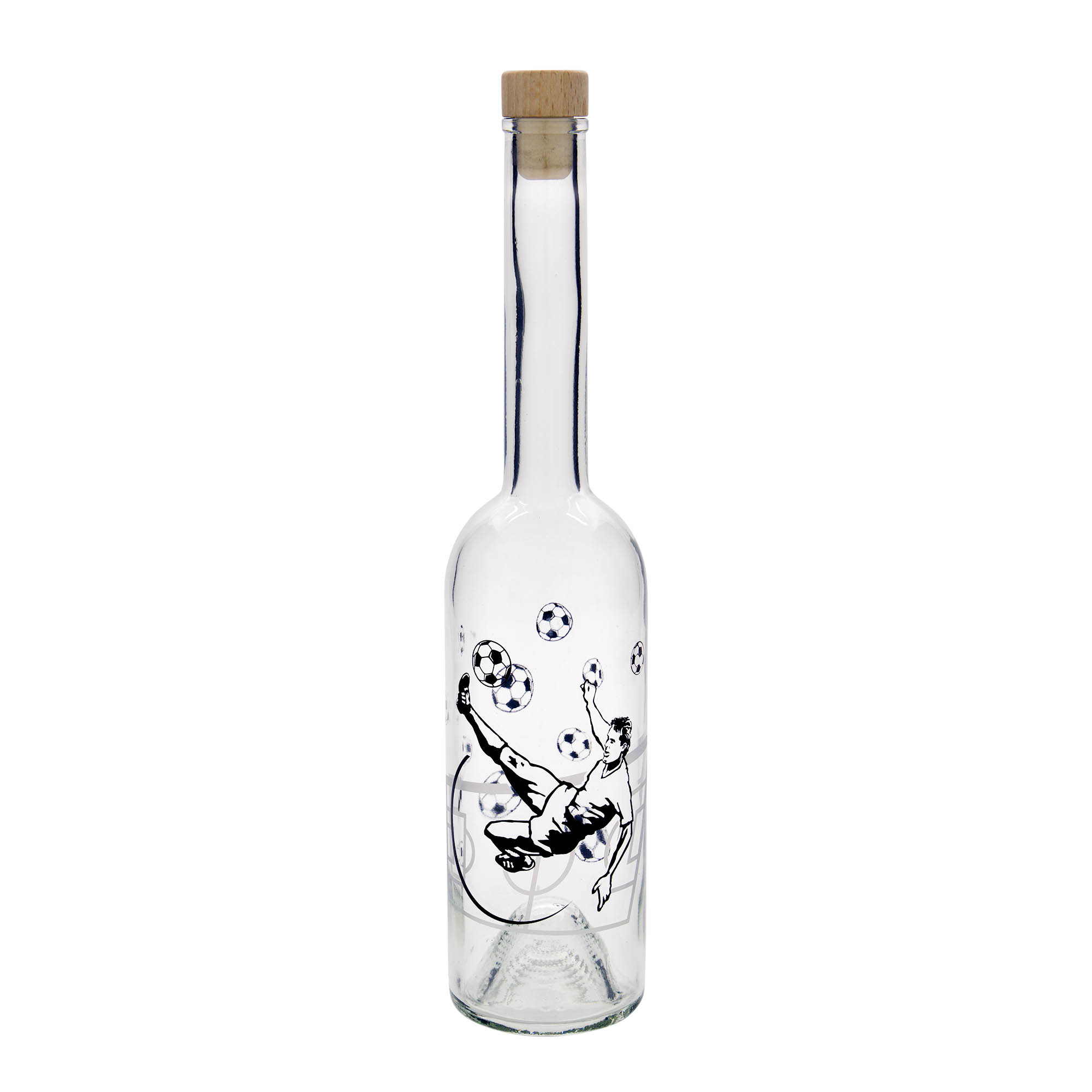 500 ml glass bottle 'Opera', motif: football player, opening: cork