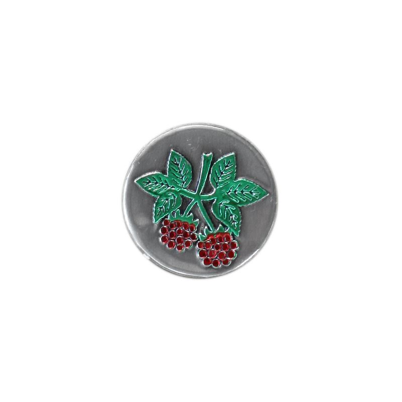 Tin label 'Raspberry', round, metal, silver Tin label 'Raspberry', round, metal, silver