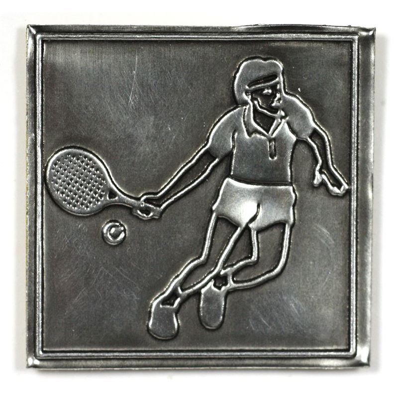 Tin label 'Tennis', square, metal, silver