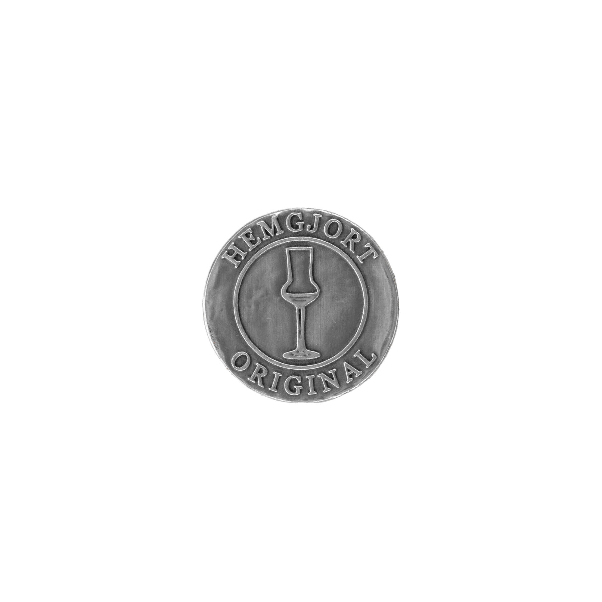 Tin label 'Hemgjort Original', round, metal, silver Tin label 'Hemgjort Original', round, metal, silver