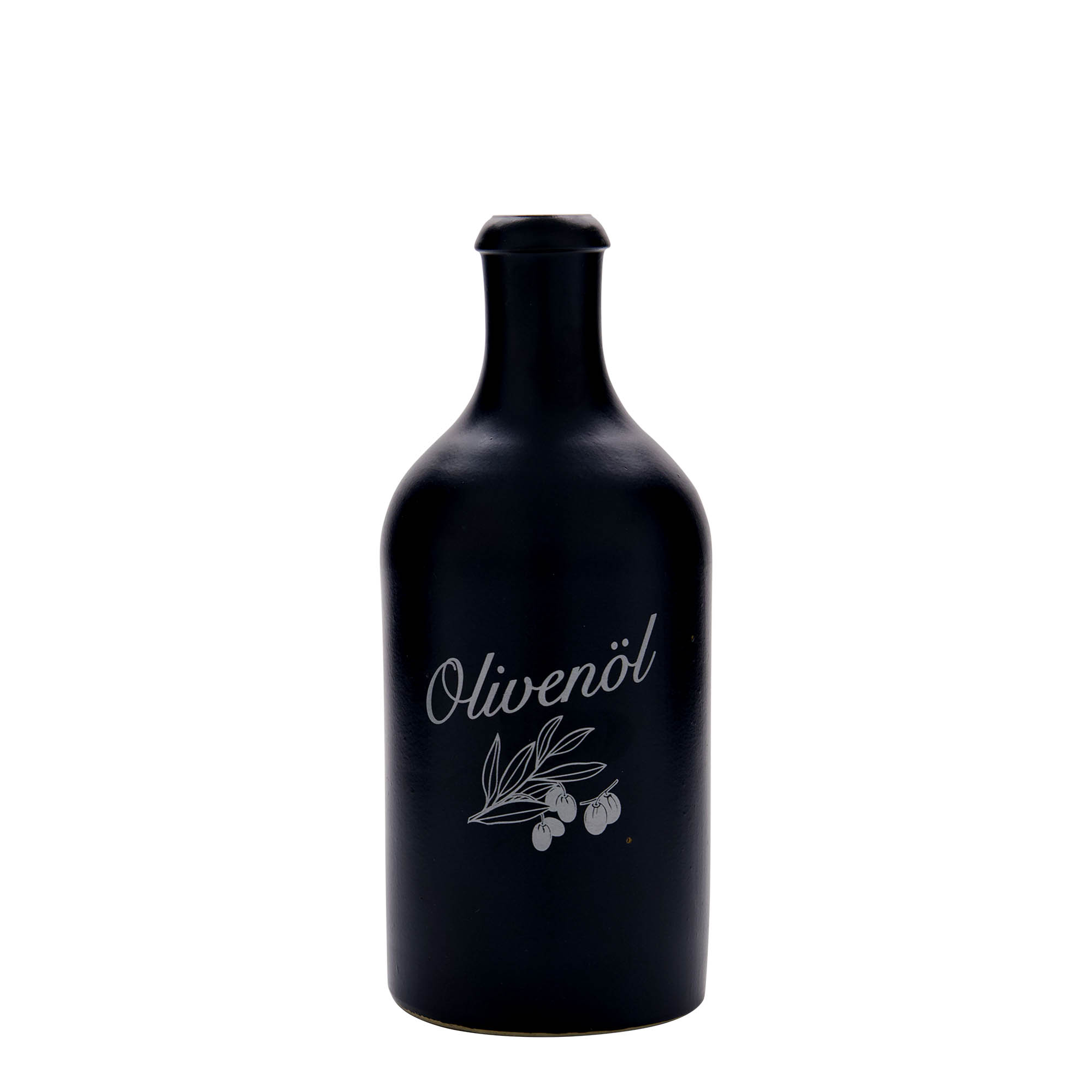 500 ml earthen jug, print: olive oil, stoneware, black, closure: cork 500 ml earthen jug, print: olive oil, stoneware, black, closure: cork
