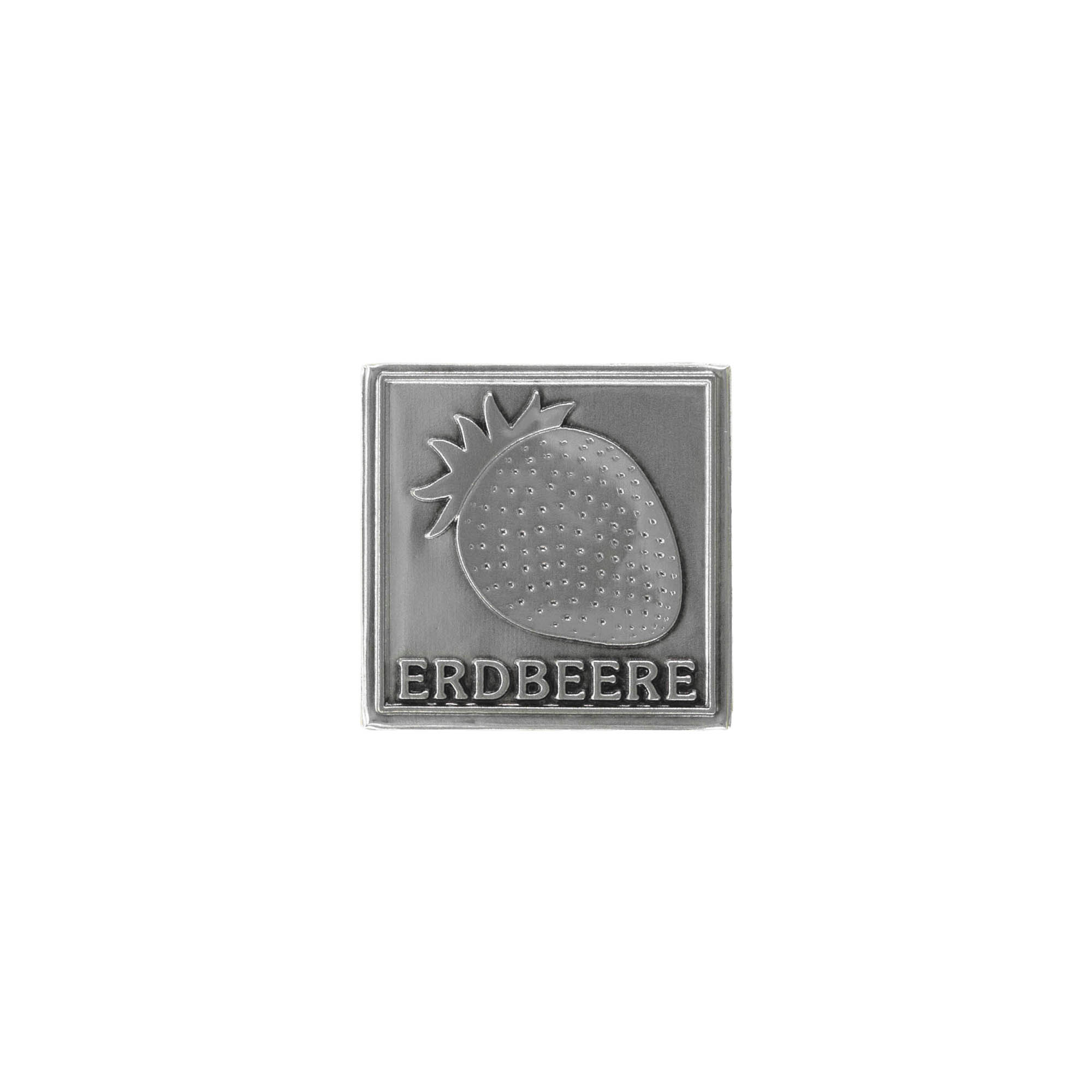 Tin label 'Strawberry', square, metal, silver Tin label 'Strawberry', square, metal, silver