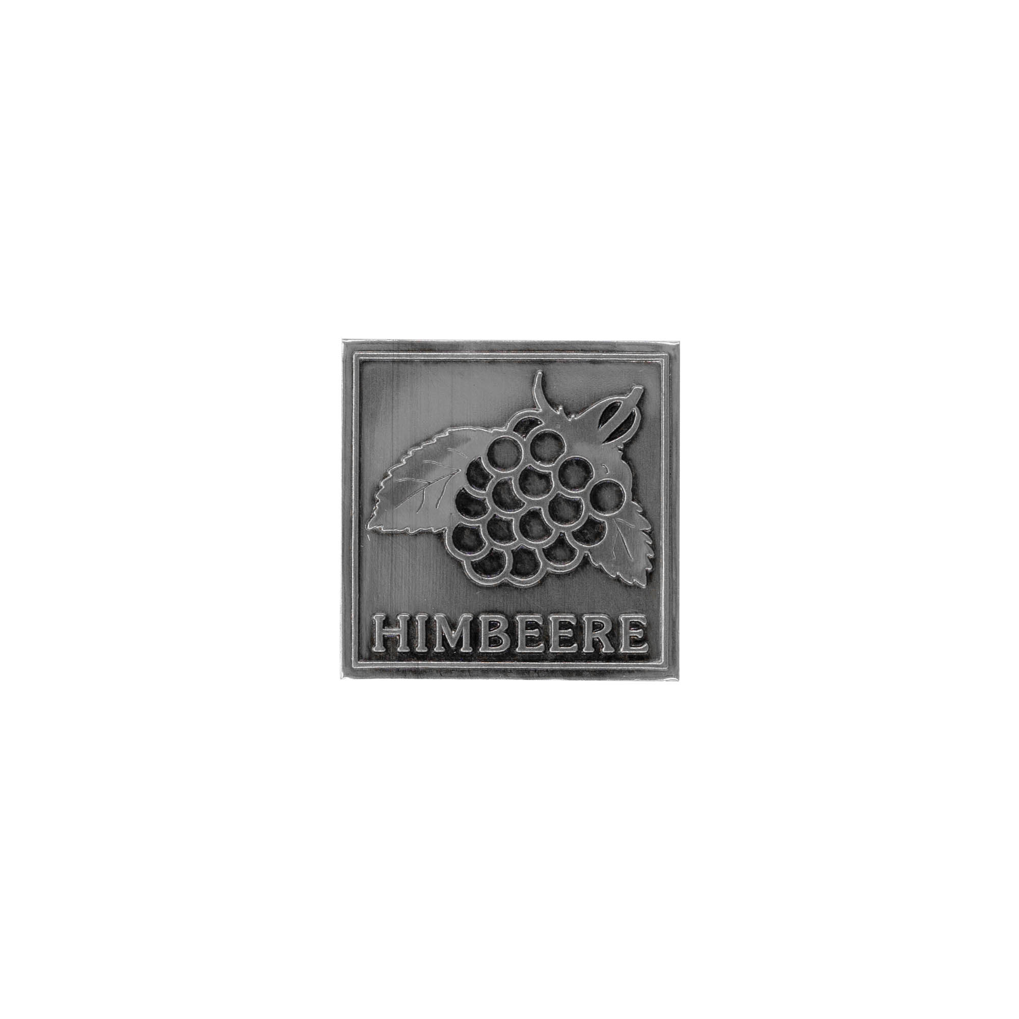 Tin label 'Raspberry', square, metal, silver Tin label 'Raspberry', square, metal, silver