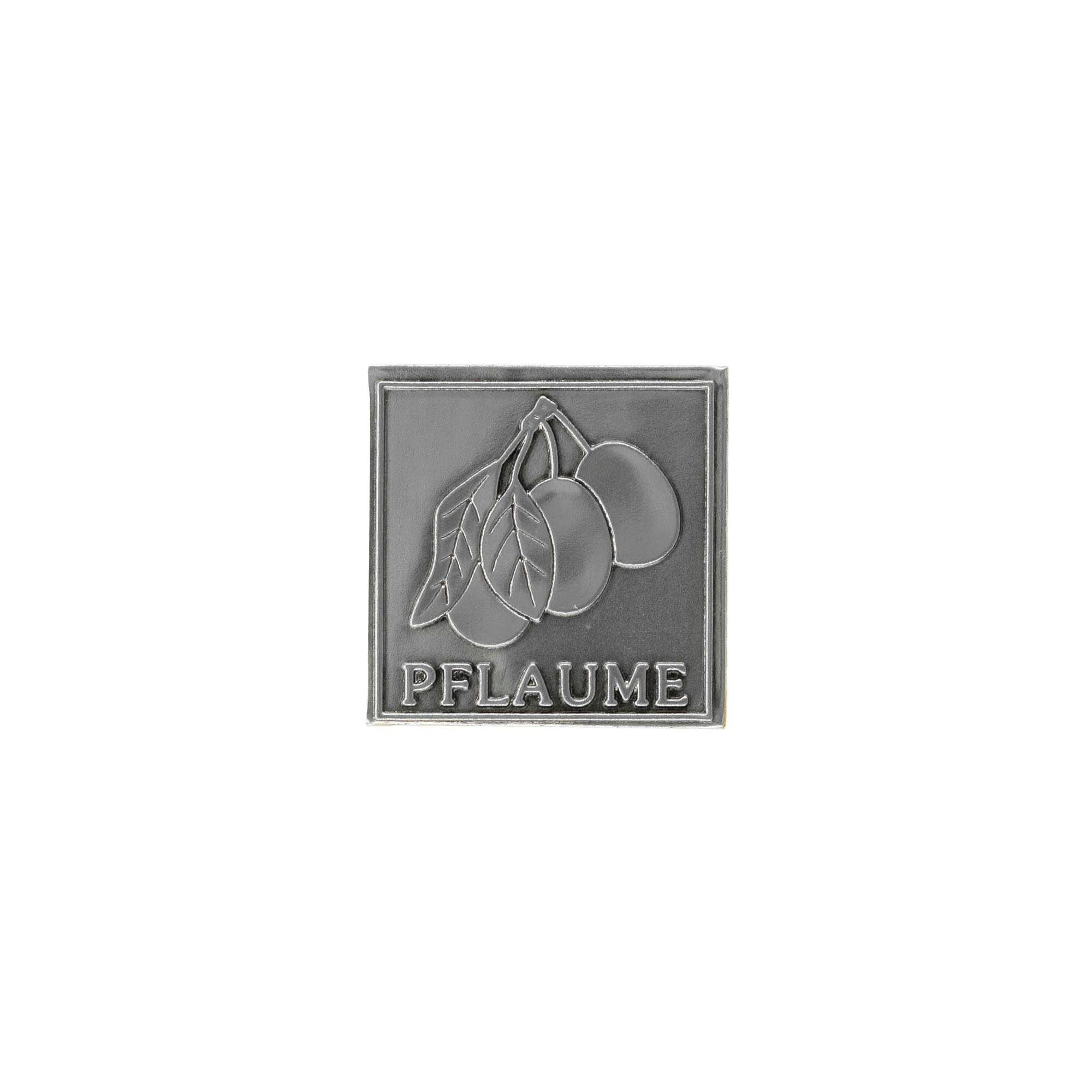 Tin label 'Plum', square, metal, silver