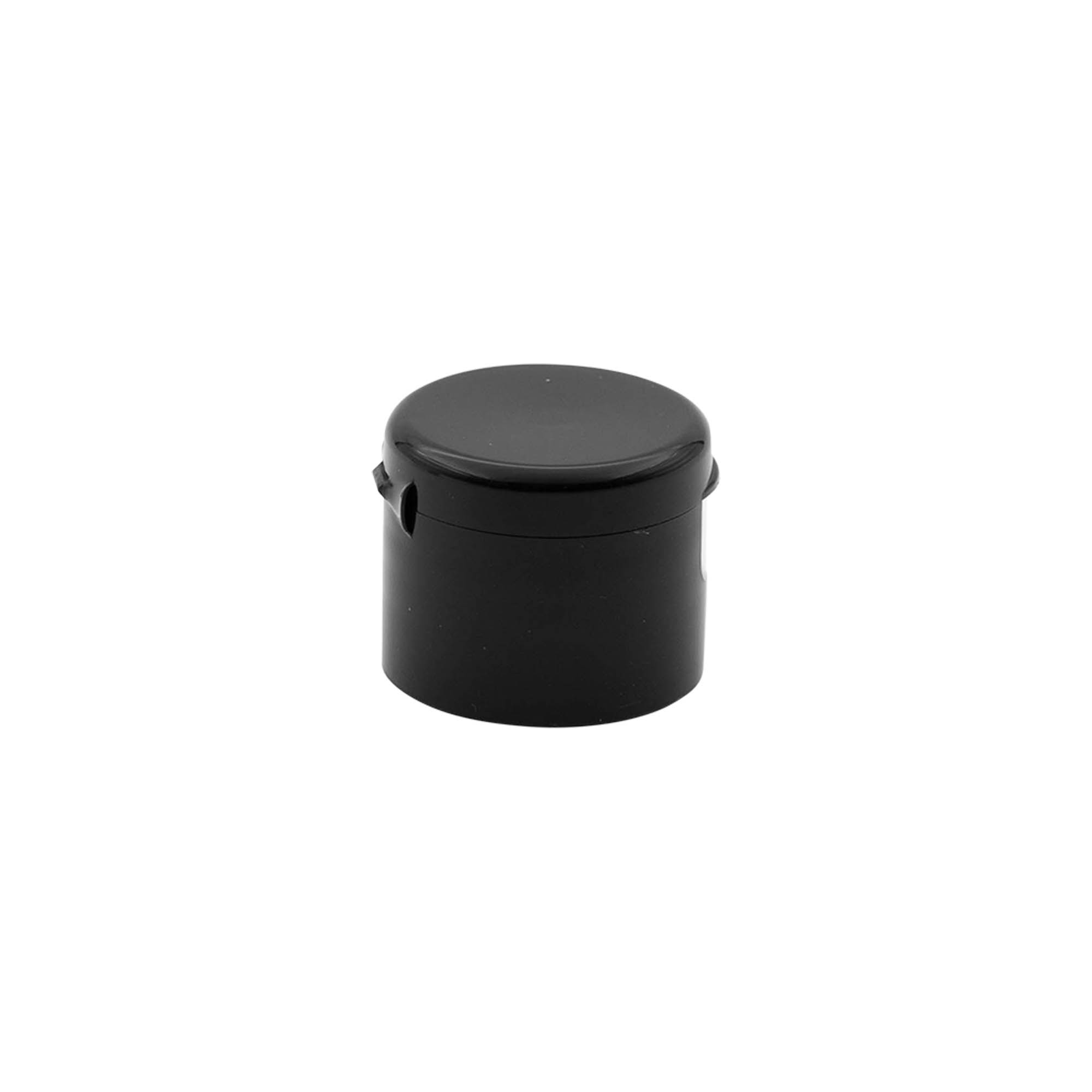 Screw cap with hinged flap, PP plastic, black, for opening: 24/410