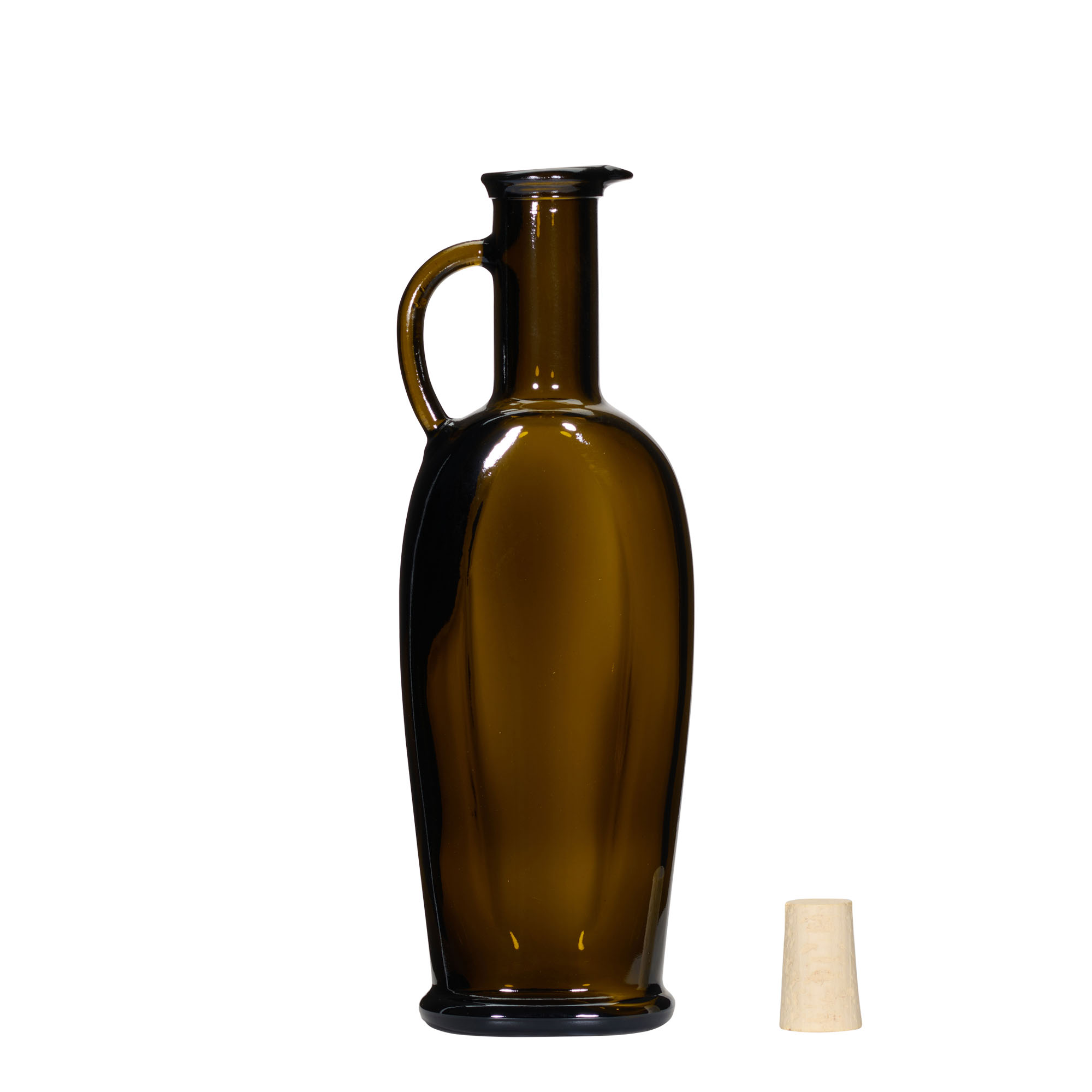 250 ml glass bottle 'Eleganta', oval, antique green, closure: cork