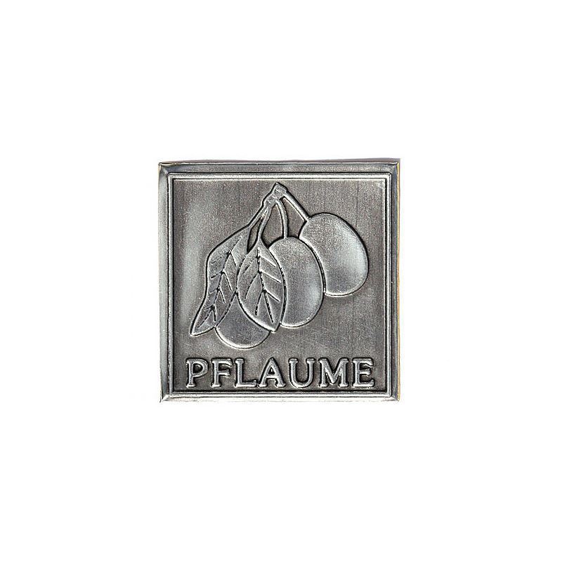 Tin label 'Plum', square, metal, silver Tin label 'Plum', square, metal, silver