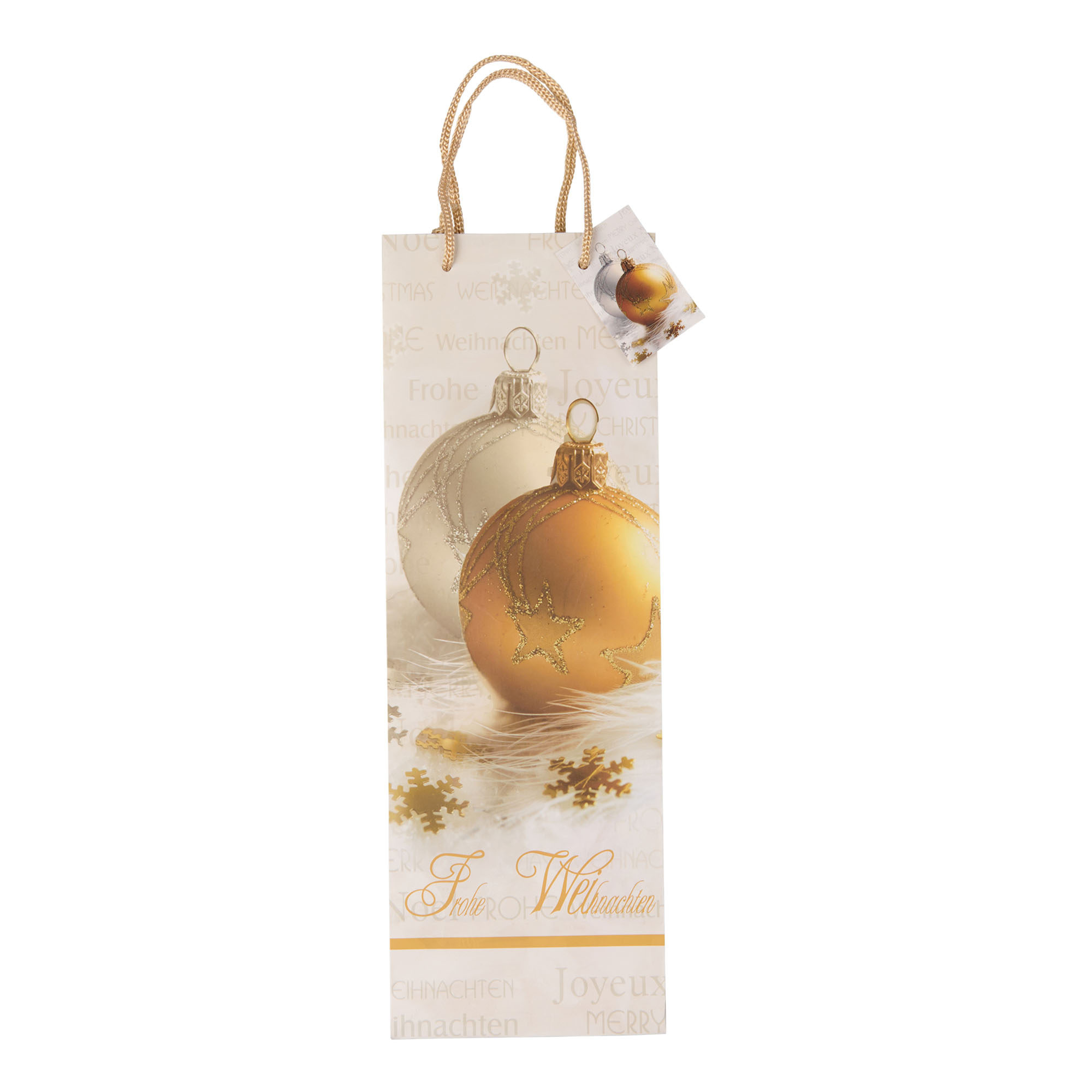 Bottle bag, print: Happy Christmas, square, paper, gold