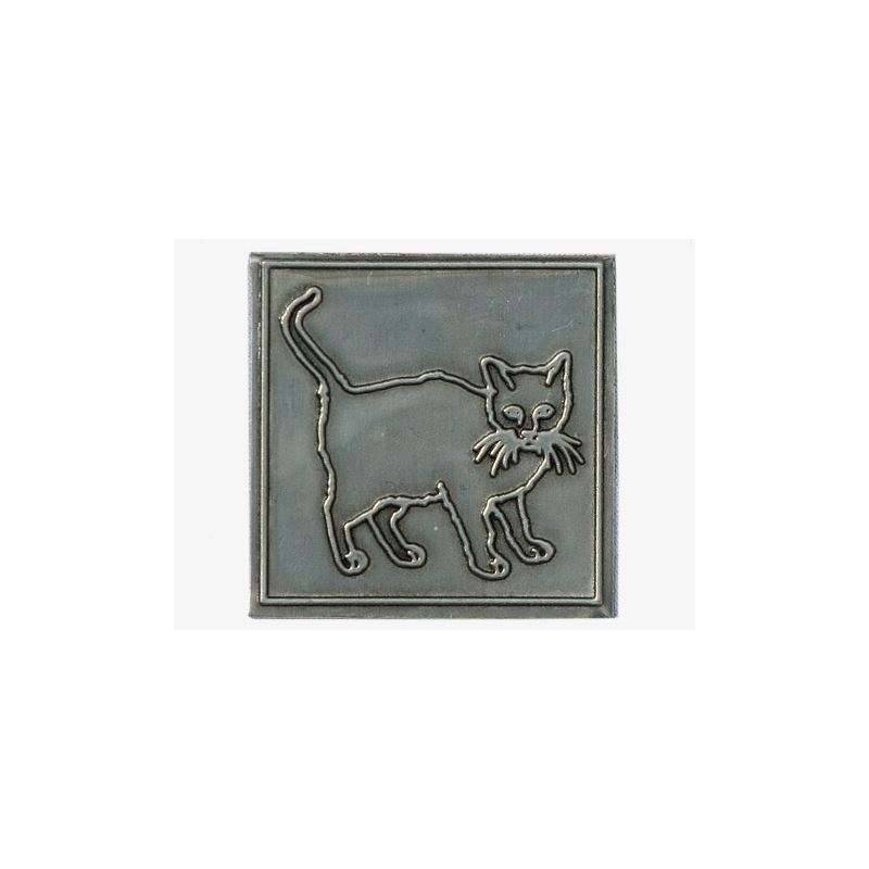Tin label 'Cat', square, metal, silver Tin label 'Cat', square, metal, silver