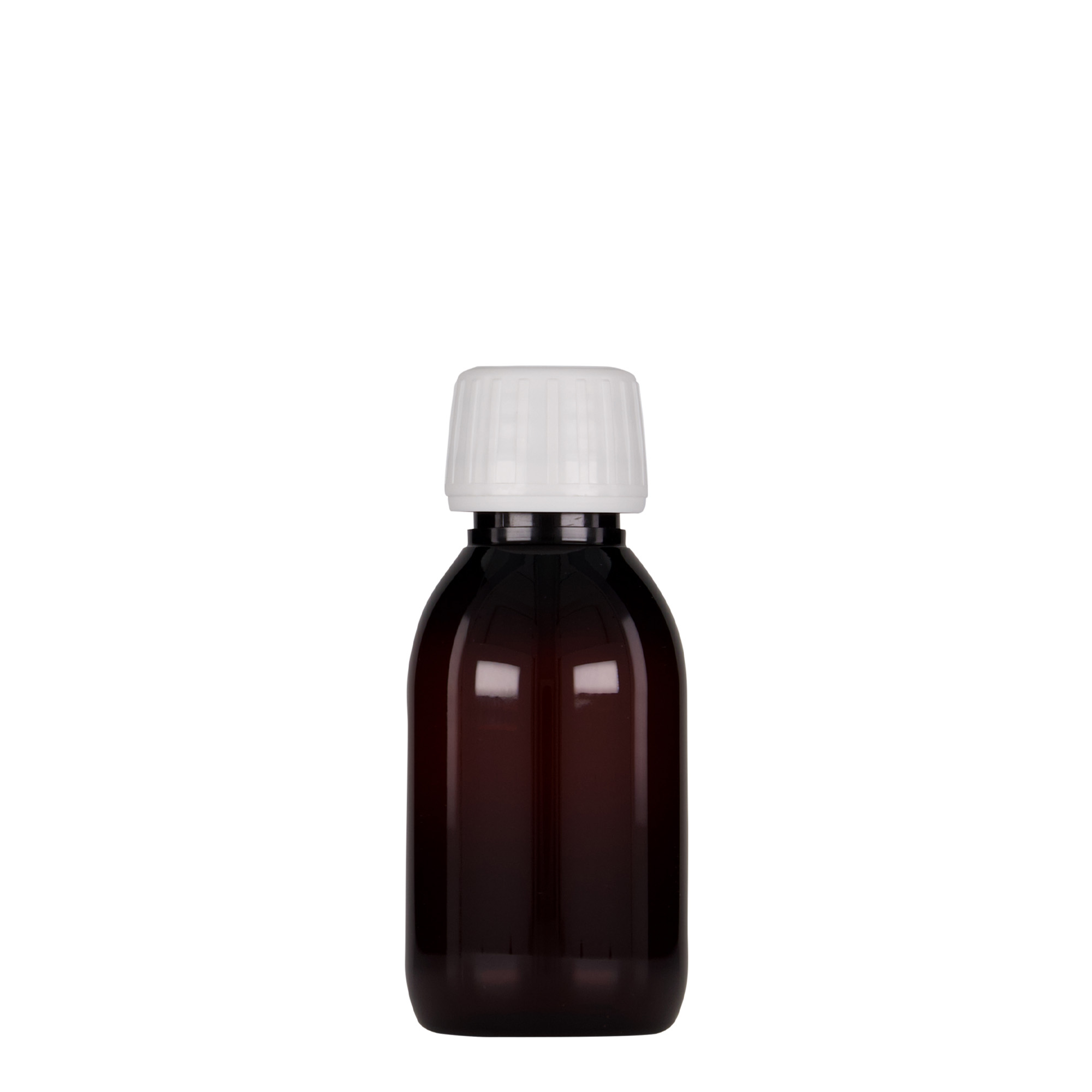 100 ml PET medicine bottle, brown, plastic, closure: PP 28