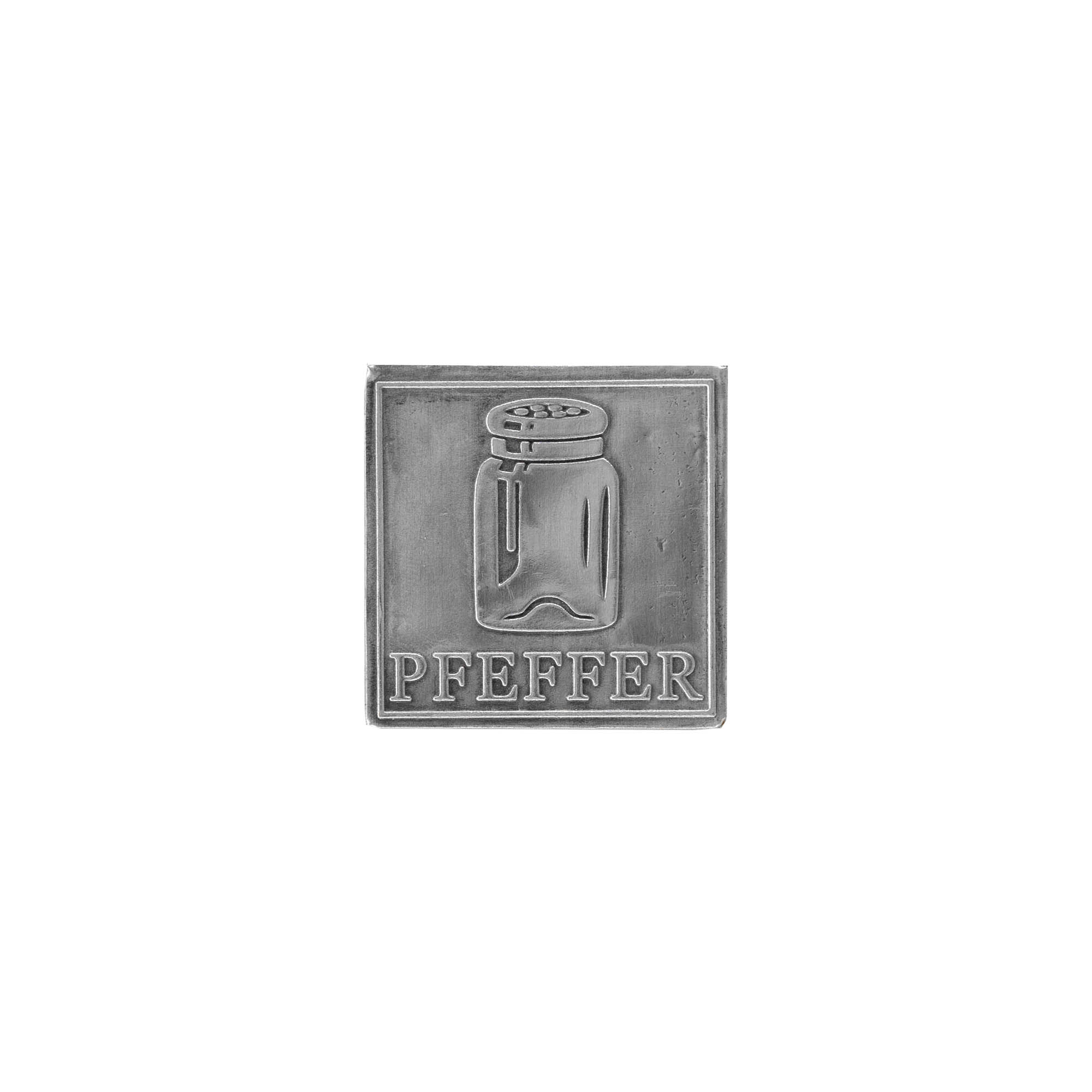Tin label 'Pepper', square, metal, silver