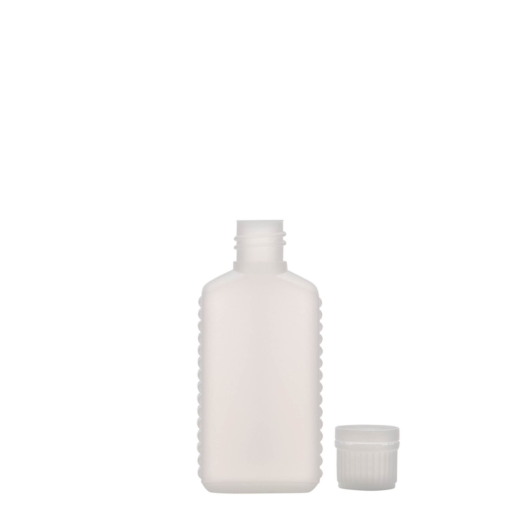 50 ml canister bottle, narrow neck, rectangular, HDPE plastic, natural, opening: DIN 18 50 ml canister bottle, narrow neck, rectangular, HDPE plastic, natural, opening: DIN 18